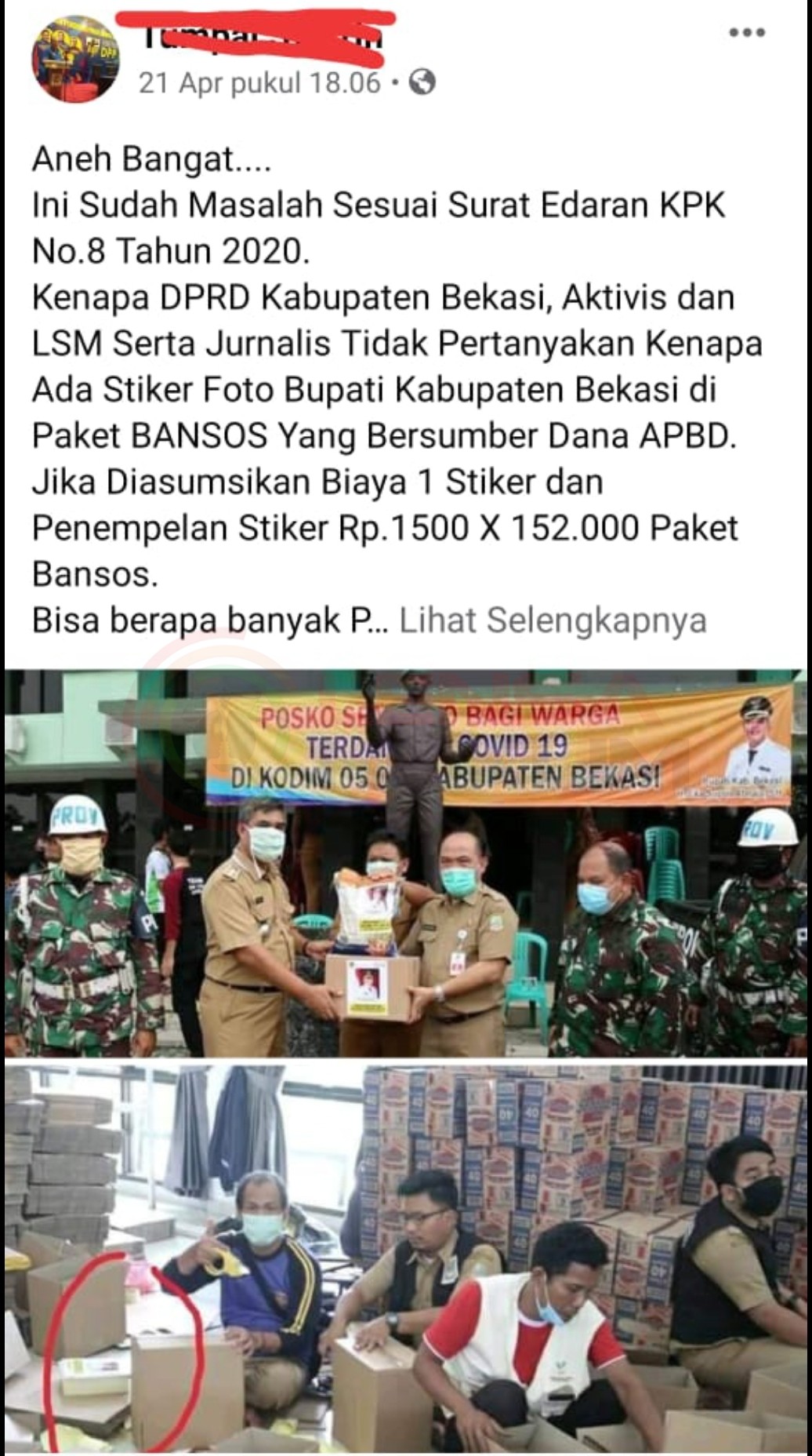 LensaHukum.co.id - Screenshot 20200423 172049 Gallery - Akun Facebook Syhabudin Sandubuwana Kritik Bantuan Sosial Stiker Gambar Bupati Bekasi